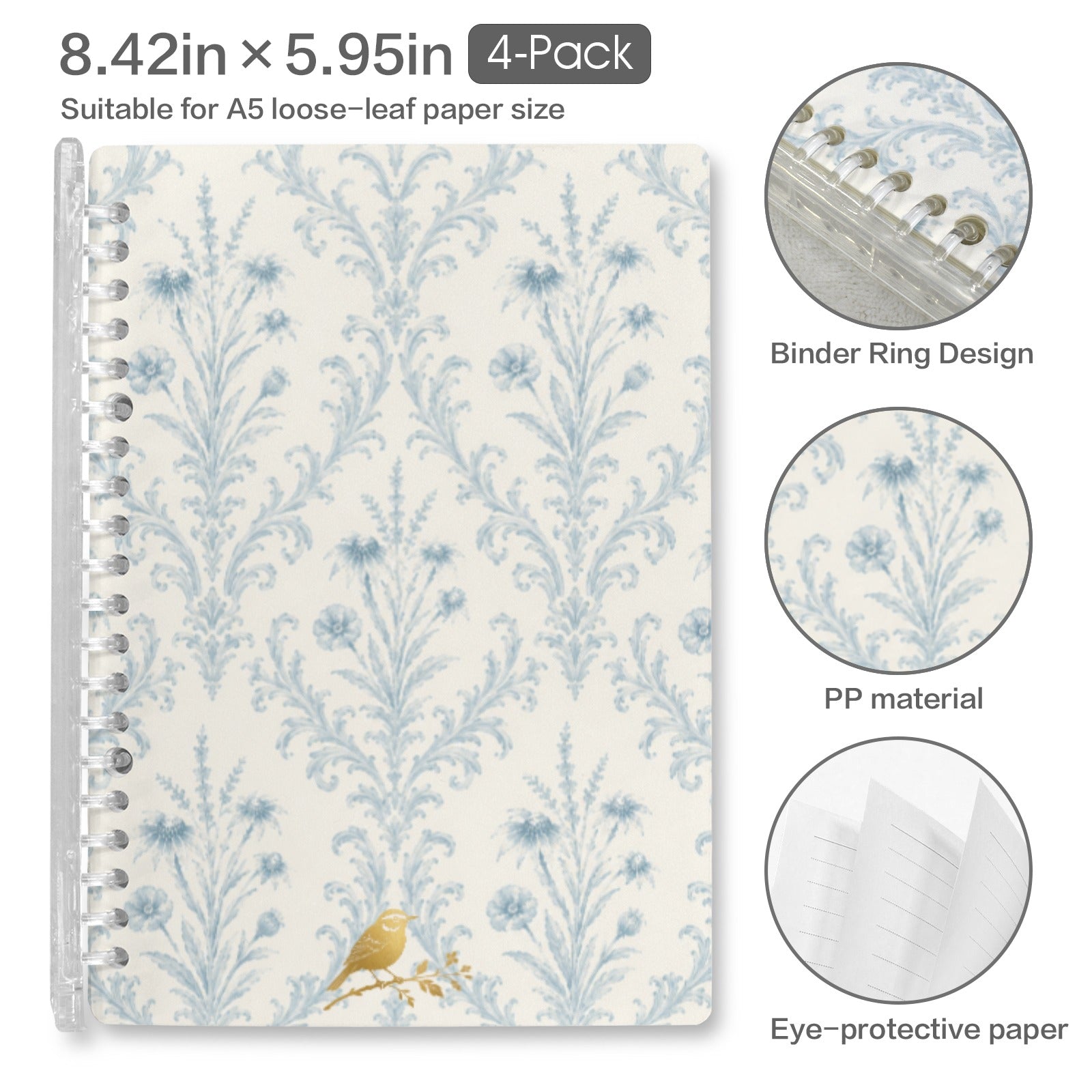 Provincial Stripe Robins Egg Notebooks with Emblem Loose-Leaf Notebooks ( Cover Print, 4-Pack ) | Ships from USA