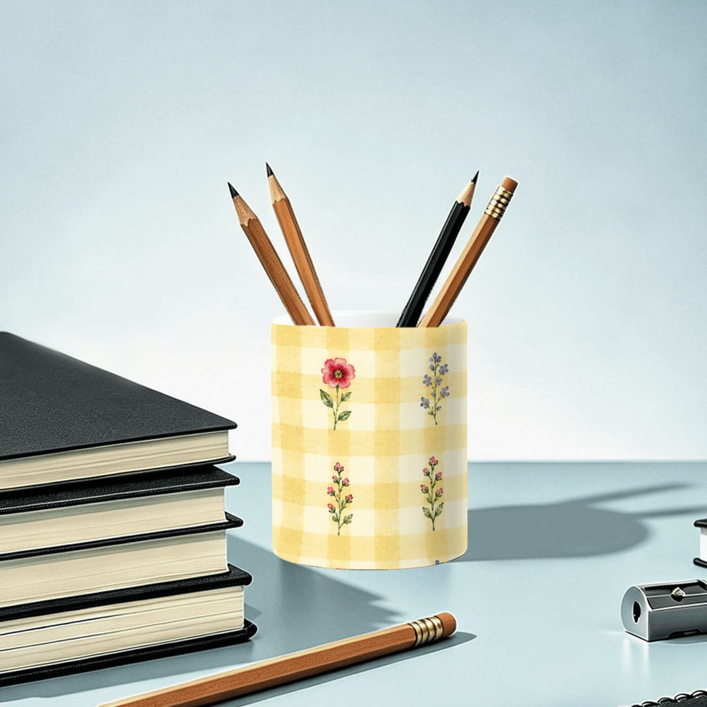 Ceramic Pen Holder Yellow Gingham