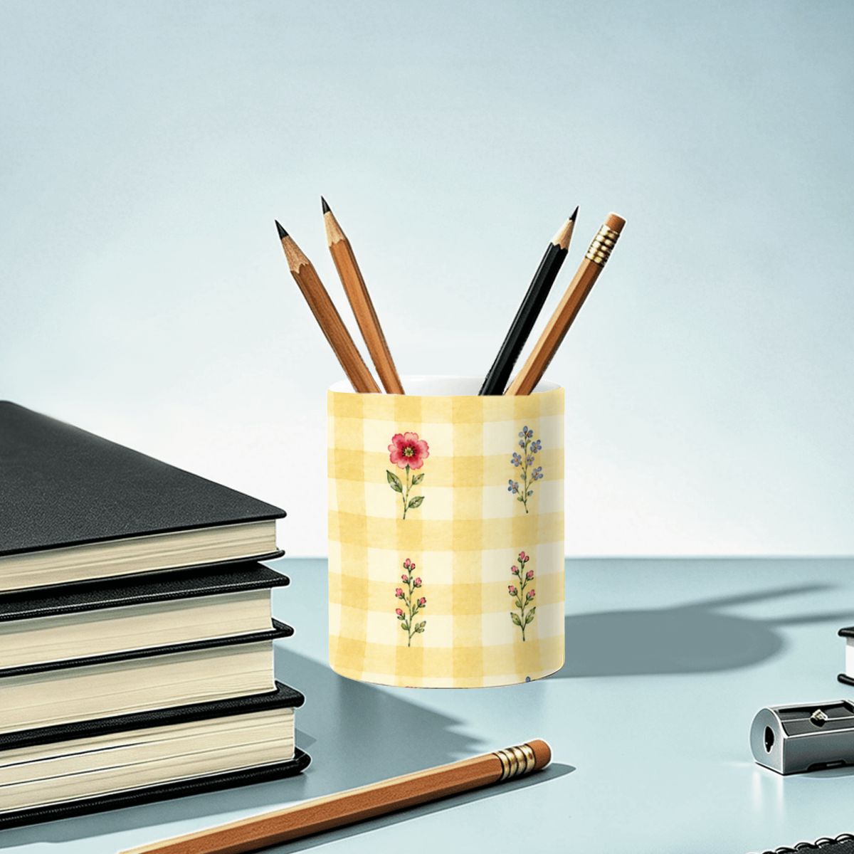 Ceramic Pen Holder Yellow Gingham