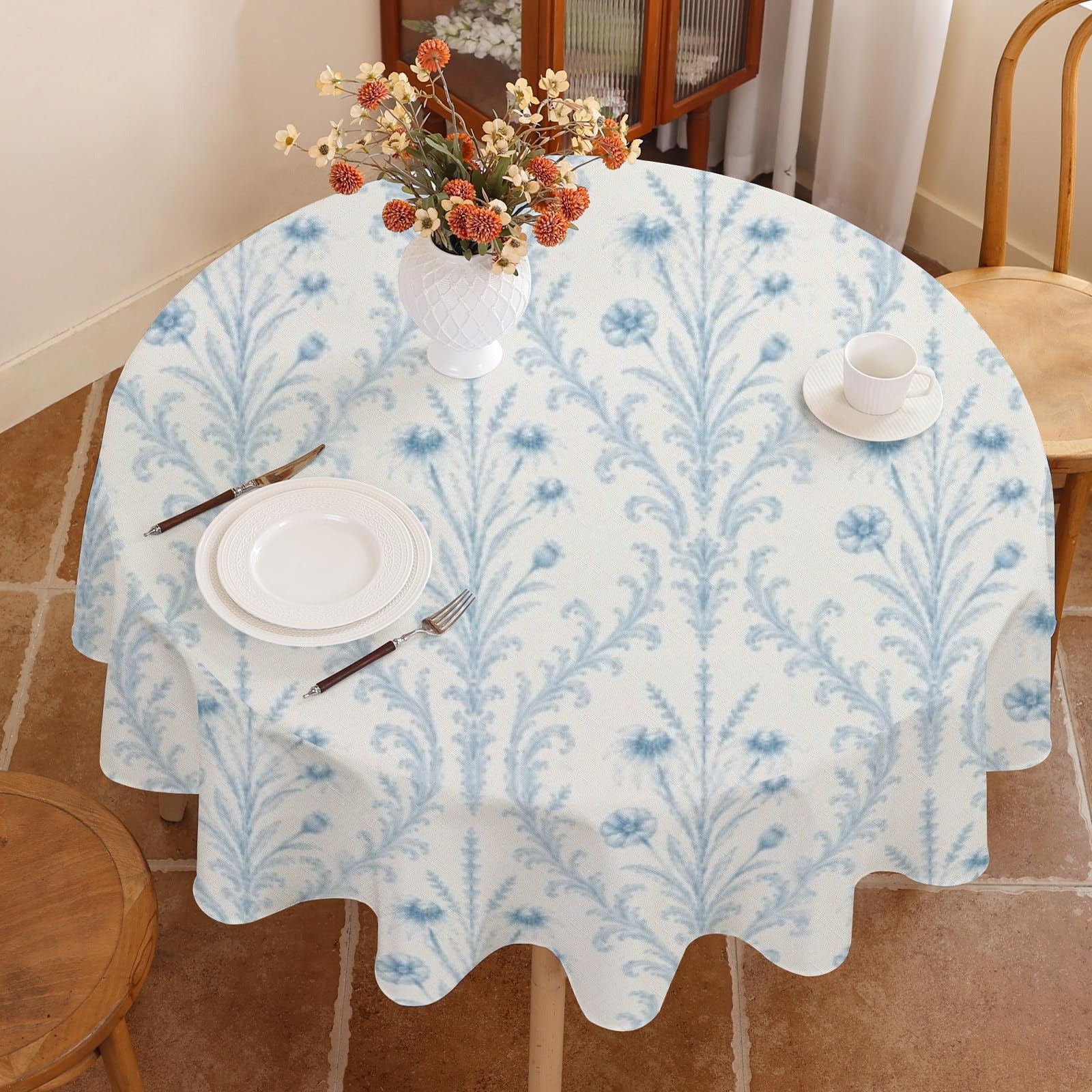 Blue Damask Round Custom Round Tablecloth 60" x 60" | Ships from USA