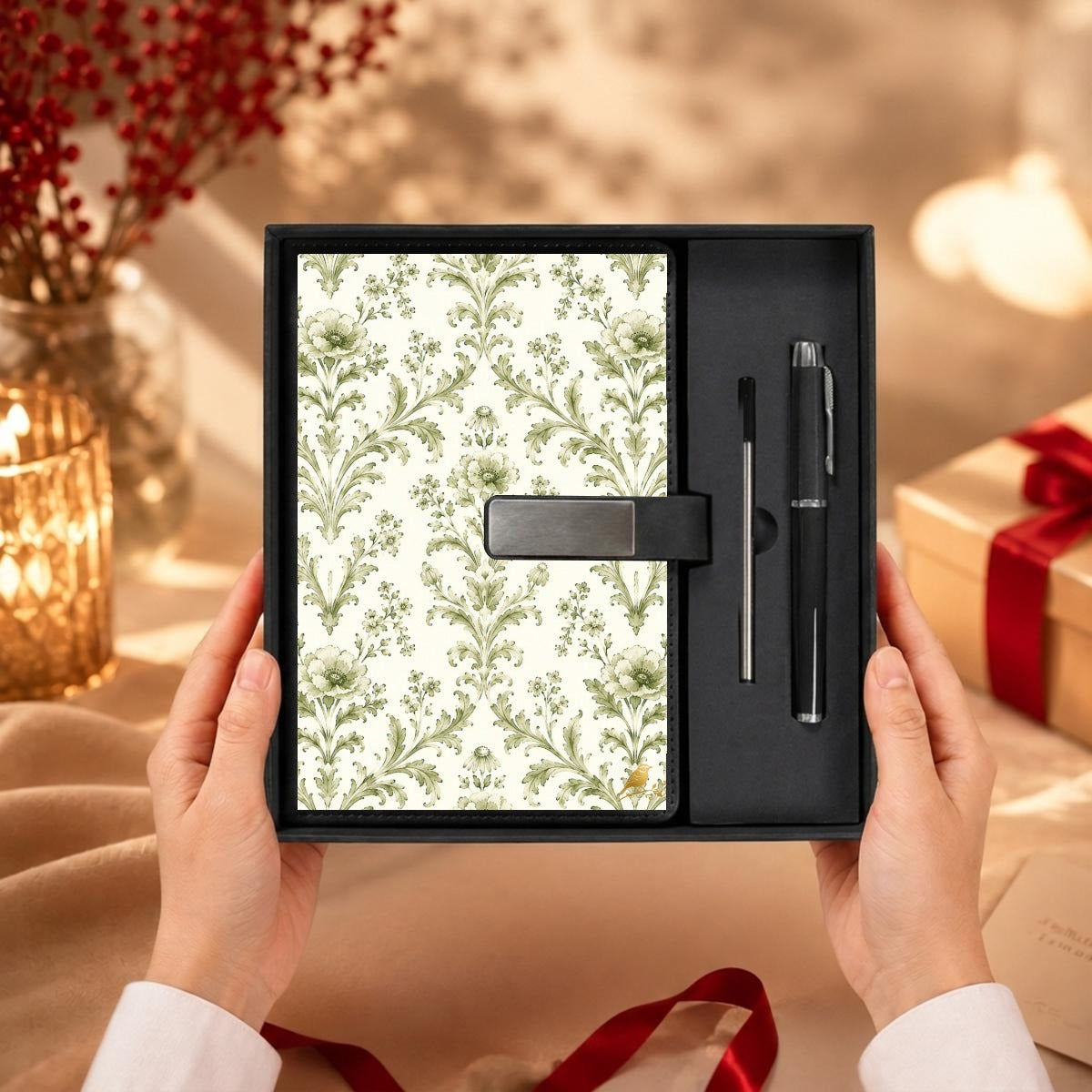 Green Damask Journal Gift Set