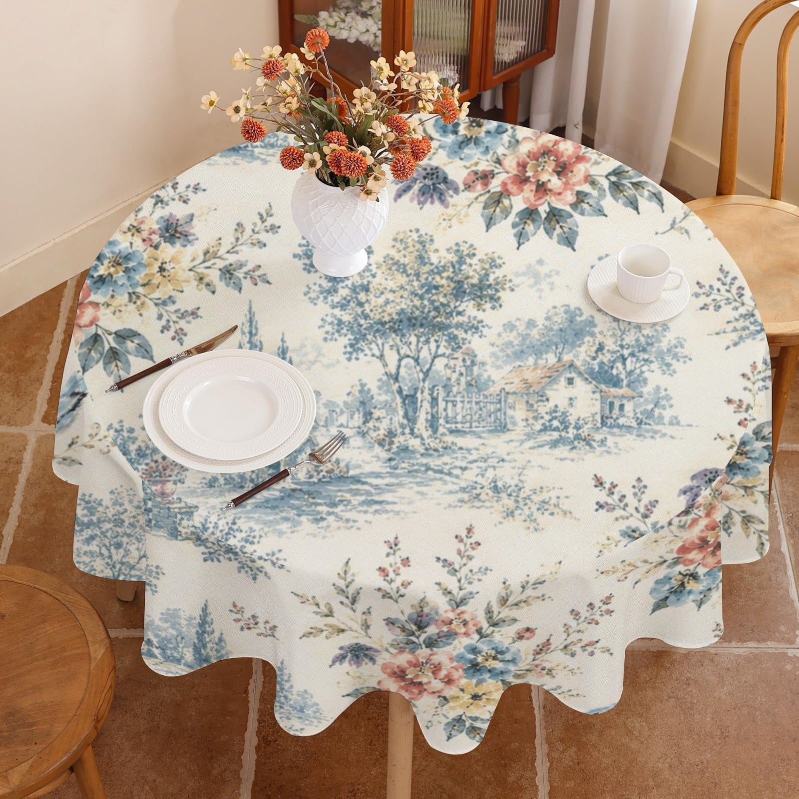Beloved Bird Toile Round Custom Round Tablecloth 60" x 60" | Ships from USA