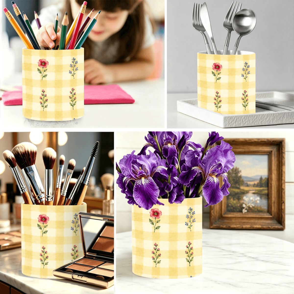Ceramic Pen Holder Yellow Gingham